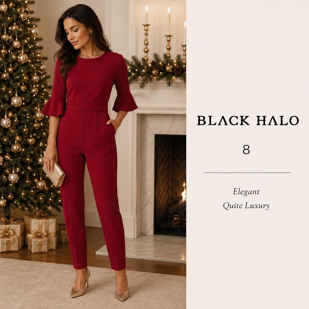 Black Halo Brooklyn Jumpsuit‎ Womens 8 Red Bell Sleeve Cocktail Elegant Event